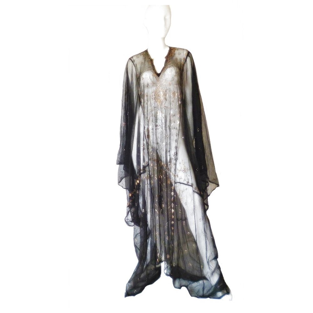 Black Mesh Caftan with Metallic Geometric Design Vintage 1970s